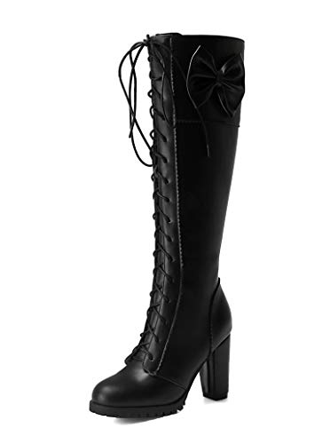 SHEMEE Damen High Heels Kniehohe Stiefel mit Blockabsatz und Schnürung 10cm Absatz Knee High Boots Schleife Winter Schuhe(Schwarz,42) von SHEMEE