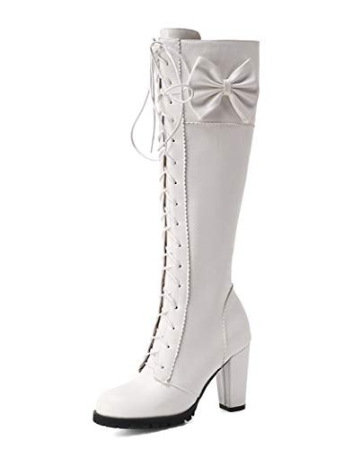 SHEMEE Damen High Heels Kniehohe Stiefel mit Blockabsatz und Schnürung 10cm Absatz Knee High Boots Schleife Winter Schuhe(Weiß,37) von SHEMEE