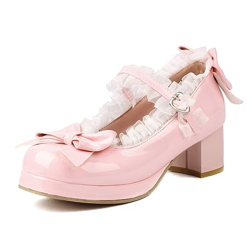 SHEMEE Damen Kawaii Sweet Bow Cosplay Kleid Schuhe Chunky Plateau Mid Block Heels Schnalle Knöchelriemen Mary Jane Pumps, Lackrosa, 37.5 EU von SHEMEE