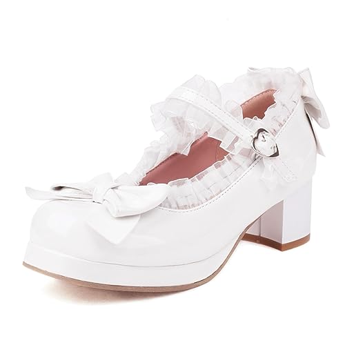 SHEMEE Damen Kawaii Sweet Bow Cosplay Kleid Schuhe Chunky Plateau Mid Block Heels Schnalle Knöchelriemen Mary Jane Pumps, Lackweiß, 41 EU von SHEMEE