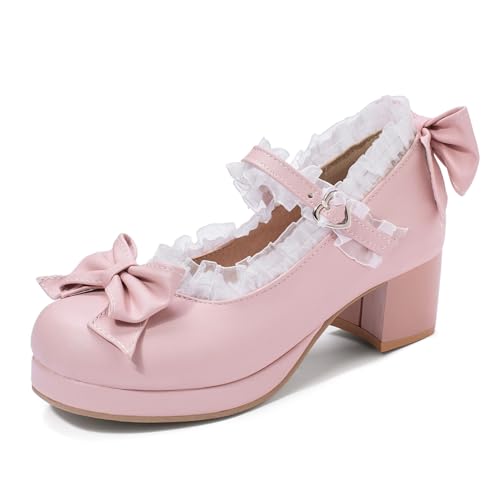 SHEMEE Damen Kawaii Sweet Bow Cosplay Kleid Schuhe Chunky Plateau Mid Block Heels Schnalle Knöchelriemen Mary Jane Pumps, Pink 02, 39.5 EU von SHEMEE