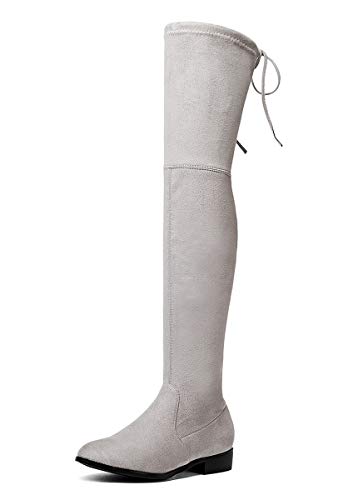 SHEMEE Damen Lange Overknee Stiefel Flach Langschaft Stretch Boots mit Schnürung Winter Schuhe(Hellgrau, 40) von SHEMEE