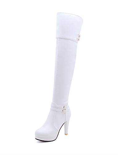 SHEMEE Damen Overknee High Heels Plateau Stiefel Sexy Boots Langschaft stiefel mit 10cm Absatz Winter Schuhe(Weiß,36) von SHEMEE