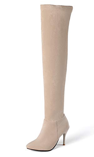 SHEMEE Damen Overknee High Heels Stiefel Stiletto Stretch Boots mit 8cm Absatz Sexy Hohe Stiefel(Beige,37) von SHEMEE