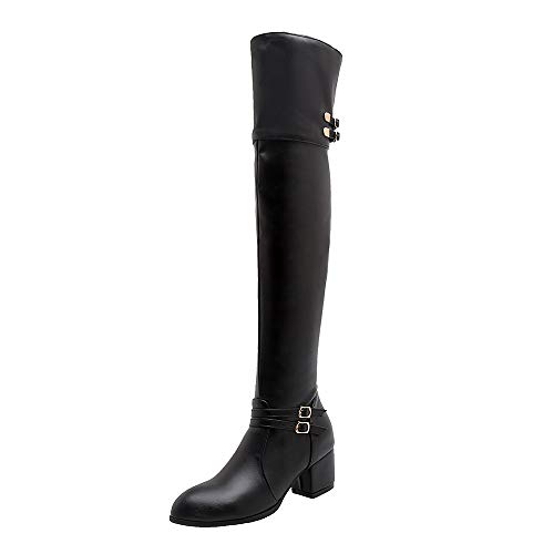SHEMEE Damen Overknee Stiefel Blockabsatz Boots mit Schnallen 5cm Absatz Langschaft Stiefel Winter Schuhe(Schwarz,42) von SHEMEE