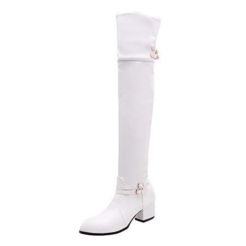 SHEMEE Damen Overknee Stiefel Blockabsatz Boots mit Schnallen 5cm Absatz Langschaft Stiefel Winter Schuhe(Weiß,38) von SHEMEE