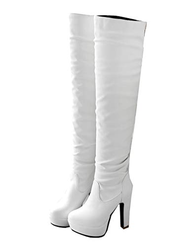 SHEMEE Damen Overknee Stiefel mit Blockabsatz 12cm Absatz High Heels Plateau Boots Winterstiefel(Weiß,36) von SHEMEE
