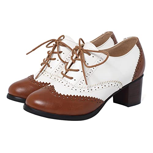 SHEMEE Damen Retro Wingtip Blockabsatz Schnürschuhe Oxfords Stacked Chunky High Heels Pumps Vintage Runde Zehen Brogues Kleid Schuhe, Braun, 39 EU von SHEMEE