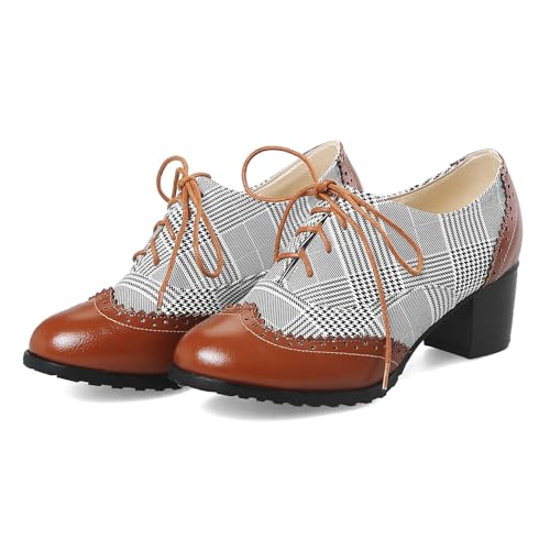 SHEMEE Damen Retro Wingtip Blockabsatz Schnürschuhe Oxfords Stacked Chunky High Heels Pumps Vintage Runde Zehen Brogues Kleid Schuhe, Braun (02), 40 EU von SHEMEE