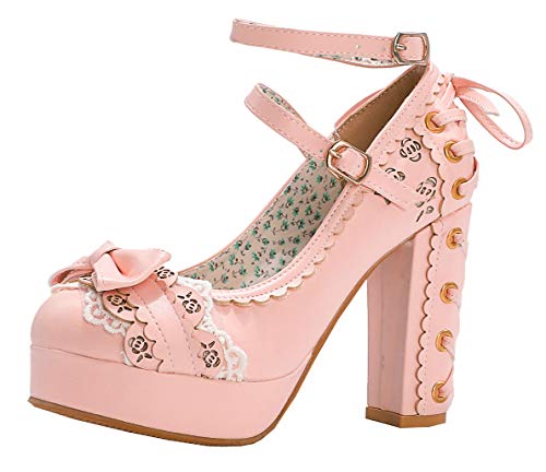 SHEMEE Damen Rockabilly Schuhe High Heels Plateau Pumps mit Blockabsatz und Riemchen 10cm Absatz Geschlossen Lolita Schuhe(Rosa,42) von SHEMEE