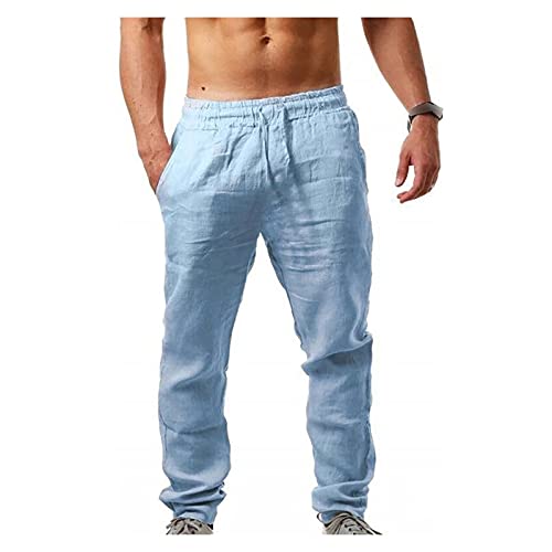 Herren Leinenhose Loose Fit Freizeithose Leicht Sommerhose Kordelzug Baumwollehosen Herren Strandhose Hippie Hose, Lose Haremshose Für Urlaub Strand Alltag (Color : Light Blue, Size : XL) von SHENGFU