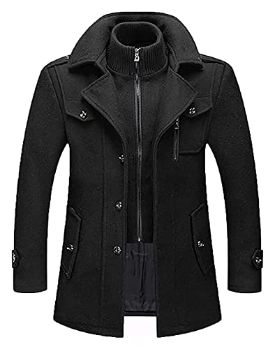 SHENGFU Herren Wintermantel Wolle Winter Kurzmantel Mittellang Wollmantel Abnehmbare Doppelkragen Kurz Winterjacke Für Business Freizeit Freien Slim Fit Jacke (Color : Noir, Size : L) von SHENGFU