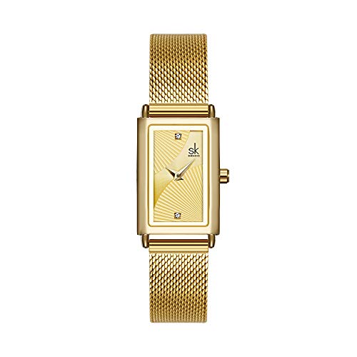 SHENGKE Damenuhr, rechteckiges Gehäuse, Quarzuhr mit Milanaise-Mesh-Band, Business-Casual-Klasse-Armbanduhr, K0119-Gold von SHENGKE