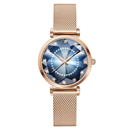 SHENGKE Kreative Damen Uhr Analog Quarz Armbanduhr mit Schwarz Edelstahl Armband Wasserdicht Damenuhren mit Blau Sternenhimmel-Zifferblatt für Frauen Blumen (Shell Dial-Mesh Band-Rosegold) von SHENGKE