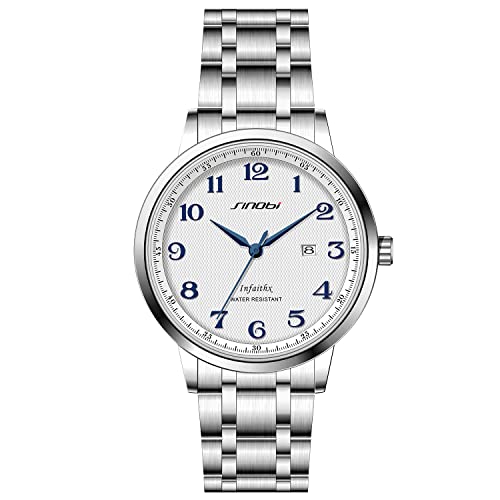 SINOBI Klassisches Geschäft Herrenuhren Arabische Ziffern Easy Reader Armbanduhren für Männer mit Kalenderdatum Wasserdicht (Silver-Blue- Steel Band) von SHENGKE
