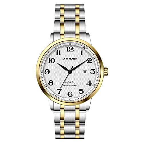 SINOBI Klassisches Geschäft Herrenuhren Arabische Ziffern Easy Reader Armbanduhren für Männer mit Kalenderdatum Wasserdicht (Silver-Gold-Steel Band) von SHENGKE