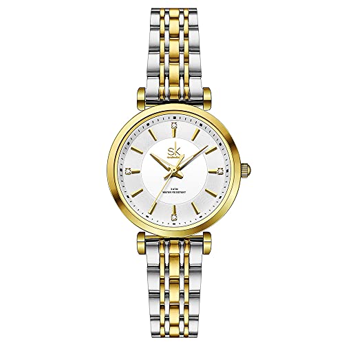 SHENGKE SK Klassische Frauen Uhren Mode Damen Kleid Uhr Solide Edelstahl Band Echtes Lederband(Silver-Gold) von SHENGKE