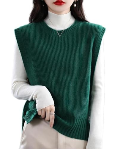 SHENGLU Pullunder Damen,Strickpullover Mit Wollgefühl, Modischer, Ärmelloser Rundhalspullover, Herbst- Und Winter-Innenwesten Aus Grünem Strick, M von SHENGLU