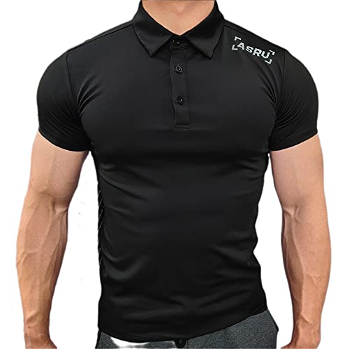 Poloshirt Herren Kurzarm Schnelltrocknend Atmungsaktives Tennis Polo Shirt Sommer Muskelshirt Knopfleiste T-Shirts Casual Sport Shirt Golf A-Black 3XL von SHENGSHIYU