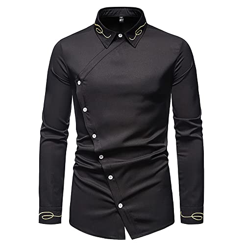 Shirt Herren Frühling -Kragen Temperament Causal Shirt Herren Langarm Mittlere Länge Bankett Outdoor Hemd Herren Casual Schräge Knopfleiste Hemd Herren F-Black XL von SHENGSHIYU