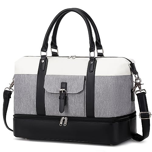 SHENHU Weekender Taschen für Damen, Segeltuch, große Reisetasche, Übernachtung, Wochenendtasche mit Lederschuhen, Fach für Herren, reißfest, A2: Grau von SHENHU