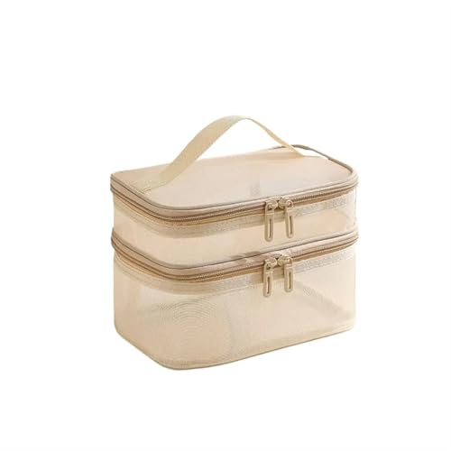 Kulturtaschen Graue doppellagige Netz-Kosmetiktasche for Damen, tragbarer Make-up-Koffer mit großem Fassungsvermögen, Reise-Reißverschluss, Make-up-Organizer, Toilettenartikel-Aufbewahrungsbox(Gold 2 von SHENJMAI