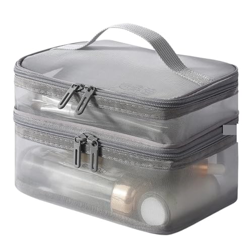 Kulturtaschen Graue doppellagige Netz-Kosmetiktasche for Damen, tragbarer Make-up-Koffer mit großem Fassungsvermögen, Reise-Reißverschluss, Make-up-Organizer, Toilettenartikel-Aufbewahrungsbox(Gray 2 von SHENJMAI
