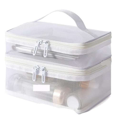 Kulturtaschen Graue doppellagige Netz-Kosmetiktasche for Damen, tragbarer Make-up-Koffer mit großem Fassungsvermögen, Reise-Reißverschluss, Make-up-Organizer, Toilettenartikel-Aufbewahrungsbox(White 2 von SHENJMAI