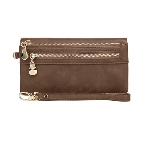 SHENJMAI Damen-Handgelenk-Clutch-Geldbörse Großes Fassungsvermögen, Stumpfe Damen-Geldbörse mit doppeltem Reißverschluss, Clutch, Armband, Geldbörse, Handy-Münzkartenhalter, Mehreren Taschen(Coffee) von SHENJMAI