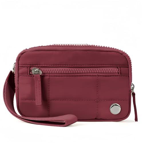 SHENJMAI Damen-Handgelenk-Clutch-Geldbörse Puffer-Geldbörsen mit Handgelenksverschluss for Damen, Gesteppte Nylon-Geldbörse 3 Reißverschlüssen for Reisekreditkartenhalter und Telefon-Organizer(Red) von SHENJMAI