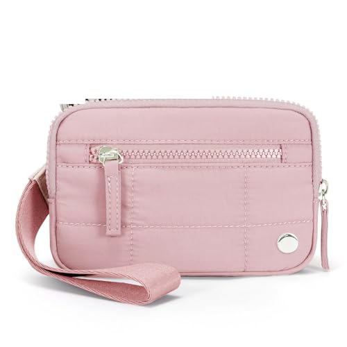 SHENJMAI Damen-Handgelenk-Clutch-Geldbörse Puffer-Geldbörsen mit Handgelenksverschluss for Damen, Gesteppte Nylon-Geldbörse 3 Reißverschlüssen for Reisekreditkartenhalter und Telefon-Organizer(Pink) von SHENJMAI