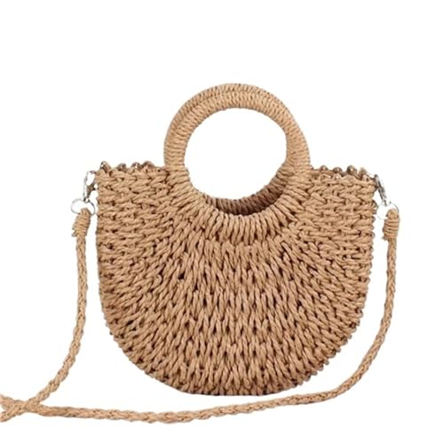 SHENJMAI Gehäkelte Strandtaschen für Damen Halbrunde Rattan gewebte Strohtasche Sommer Frauen Messenger Umhängetaschen Mädchen kleine Strand Handtasche(Khaki) von SHENJMAI