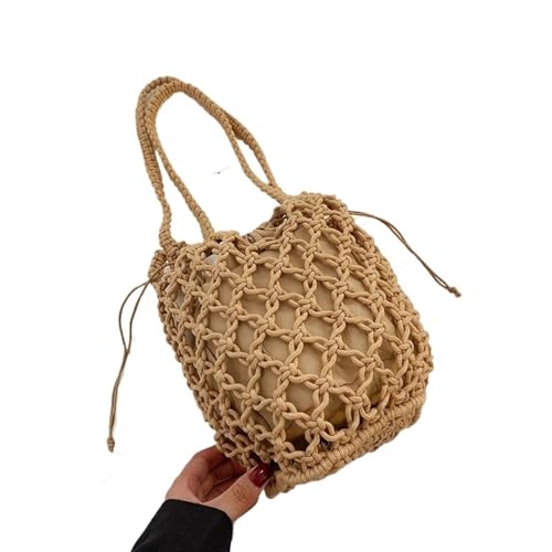 SHENJMAI Gehäkelte Strandtaschen für Damen Sommer Strandtasche for Frauen Mesh Seil gestrickt Eimer Schultertaschen Reticulate Hollow Travel Shopper Totes Damen Mode Handtasche(Khaki) von SHENJMAI