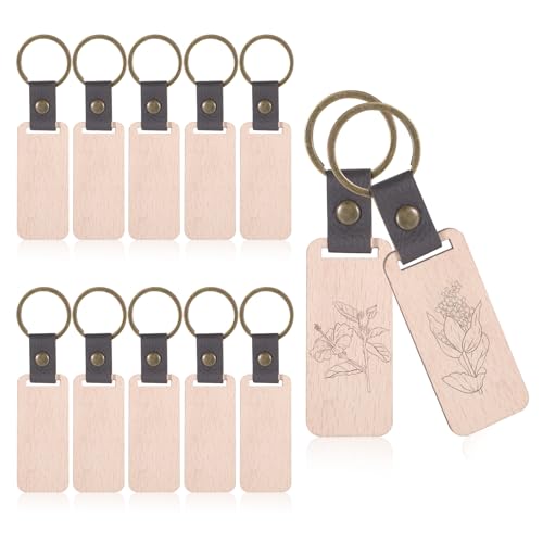 SHENLIU 12 Stück Schlüsselanhänger Holz, Blanko Schlüsselanhänger Leder Holz Schlüsselringe Für DIY Malerei Basteln Dekoration Geschenke Schlüsselbund von SHENLIU