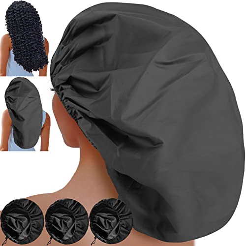 Sheomern 3 Pcs 15" XL Duschhaube Damen, Extra-Groß Doppelte Wasserdichte Duschhauben Verstellbare Wiederverwendbare Haube Satin Seide Haarhaube Bonnet für Frauen Dreadlocks Lange Haare von SHEOMERN