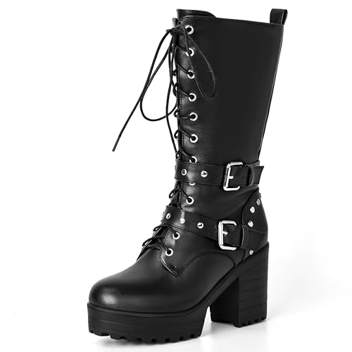 SHEOMSIE Mid Calf Boots Lace Up Goth Combat Chunky Platform Boots for Women with Buckle Motorcycle Punk Biker Booties, Schwarz, 35 EU SHEOMSIE Mid Calf Boots Lace Up Goth Combat Chunky Platform Boots for Women with Buckle Motorcycle Punk Biker Booties, Schwarz, 35 EU von SHEOMSIE