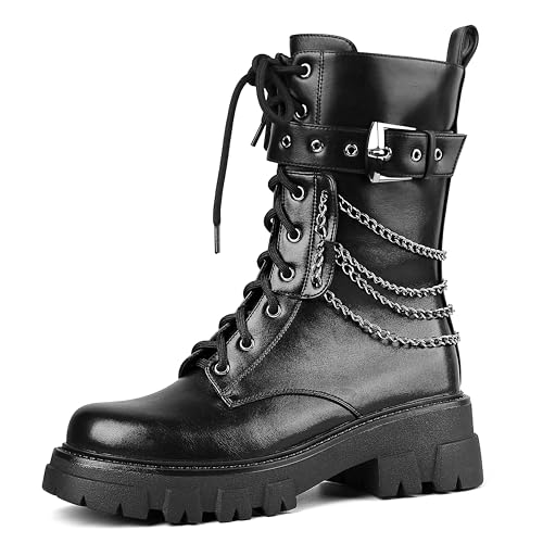 SHEOMSIE Motorradstiefel für Damen Kampfstiefel Strass, Schwarze Ketten, 38.5 EU von SHEOMSIE