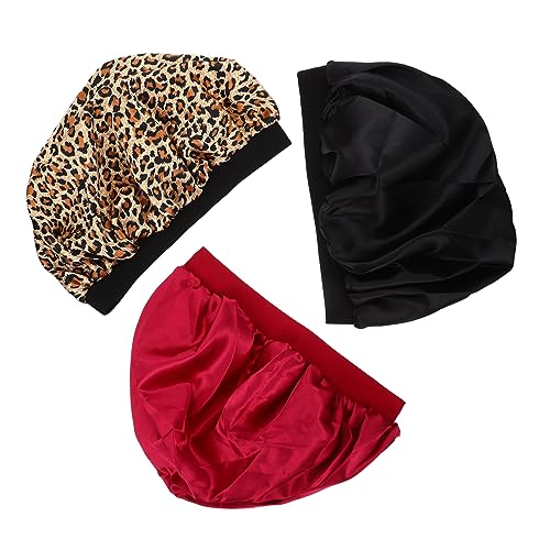 SHERCHPRY 3 Stück Satin Schlafhaube Damen Breitrandige für Elastische Duschhaube für Nacht und Haarwickel Leopardenmuster und Weinrot von SHERCHPRY