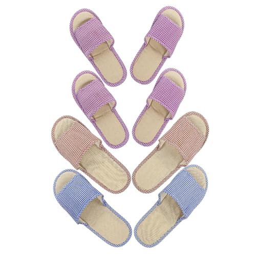 SHERCHPRY 4 Paare Rutschfeste Reisepantoletten Tragbare Hausschuhe für Damen und Herren Leichte Gästehausschuhe für Innen und Außen Atmungsaktive Leinwandslipper in Kaffee und Blau von SHERCHPRY