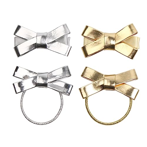 SHERCHPRY 4 Stück PU Haargummis mit Schleife Elastische Ponytail Halter für Mädchen Goldene und Silberne Haarklammern für Partys und Alltag von SHERCHPRY