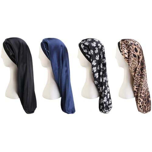 SHERCHPRY 4 Stück Teiliges Langschlafhaube aus Satin Elastische Haarhaube zum Schutz für Damen Schwarz Schwarze Schleife Leopard Atmungsaktive Kopfbedeckung für Gepflegte Haare Beim Schlafen von SHERCHPRY