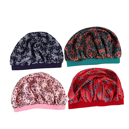 SHERCHPRY 4 Stück Teiliges Satin Schlafhaube für Damen Bequeme Haube für Schlafen Elastisches Design für Längeres Haar Schützt Feuchtigkeit und Vielseitig Einsetzbar von SHERCHPRY