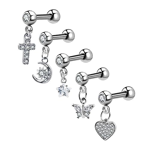 SHERCHPRY 5 Stück Teiliges Knorpel Ohrstecker Tragus Piercing Schmuck mit Kreuz Mond Stern Schmetterling Herz Motiven Robust Hautfreundlich Modisch für Damen und Herren von SHERCHPRY