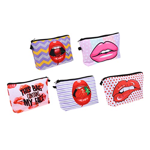 SHERCHPRY 5stücke Kosmetiktasche Mit Lippen-Print-Design Reißverschluss Für Damen Aus Hochwertigem Polyestermaterial Praktisch Für Reisen Fitnessstudio Und Alltag Leicht Und Spacious von SHERCHPRY