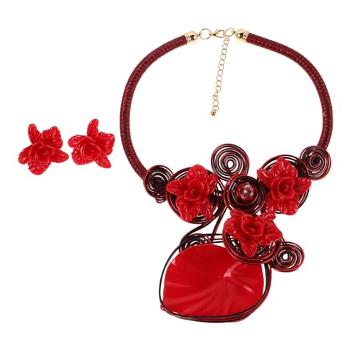 SHERCHPRY Auffälliges Blumenschmuckset mit handgefertigtem Aluminiumdraht roter Resin-Blumen-Halskette und passenden Ohrringen Eleganter Halskettenstil für Damen Vielseitig für Party und von SHERCHPRY