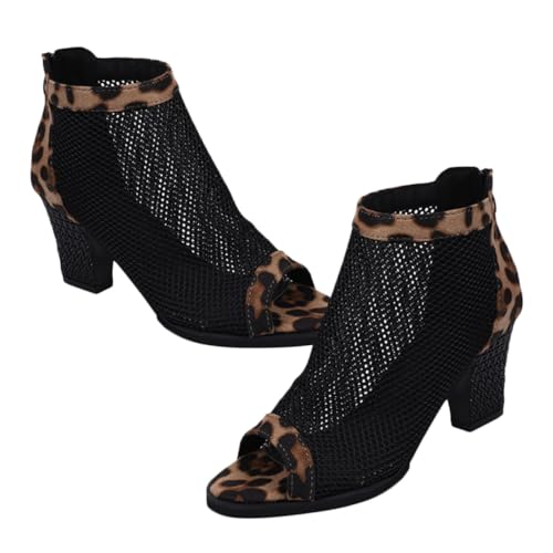 SHERCHPRY Chunky Heel Sandalen Damen High Heels mit Hohem Absatz Atmungsaktive Netzoptik Modisch Leopard Gemustert Bequeme Pumps für Alltag und Party von SHERCHPRY