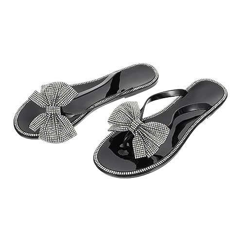 SHERCHPRY Damen Flip Flops mit Strass Schleife Rutschfeste Outdoor Sommer Slipper Leichte Bequeme Hausschuhe für Alltag und Freizeit Schnelles Ausziehen Schwarz von SHERCHPRY