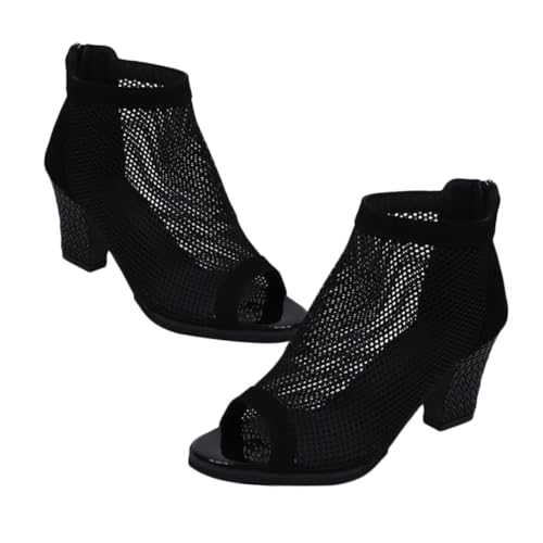 SHERCHPRY Damen High Heels Sandalen mit Grobem Absatz Hohlem Netzdesign Fischmaul und Langlebig Modisch für Alltag und Party Schwarz von SHERCHPRY