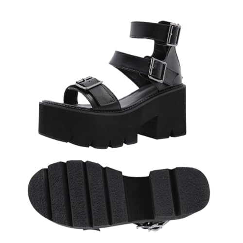 SHERCHPRY Damen High heel Sandalen mit Dickem Blockabsatz Pu material Rutschfeste Sohle Modische Sommer Schuhe für Alltag und Party Schwarz von SHERCHPRY