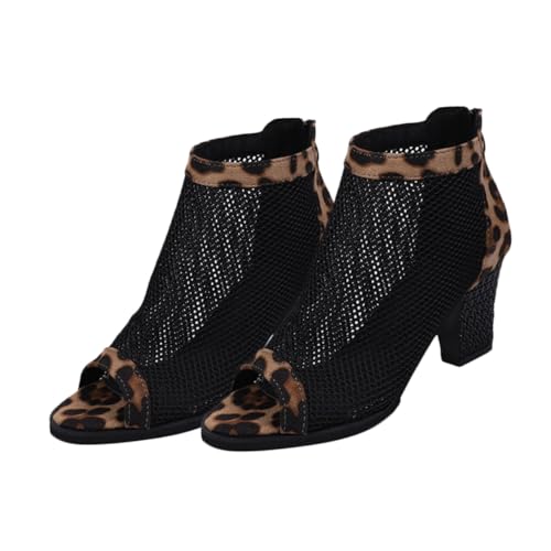 SHERCHPRY Damen Sandalen High Heels Netzstoff Chunky Heel Sandaletten Leopardmuster Komfortabler Absatz Modisch Für Sommer Kleider Freizeit von SHERCHPRY